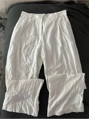 Abercrombie & Fitch White Textured Wide Leg Linen Pants